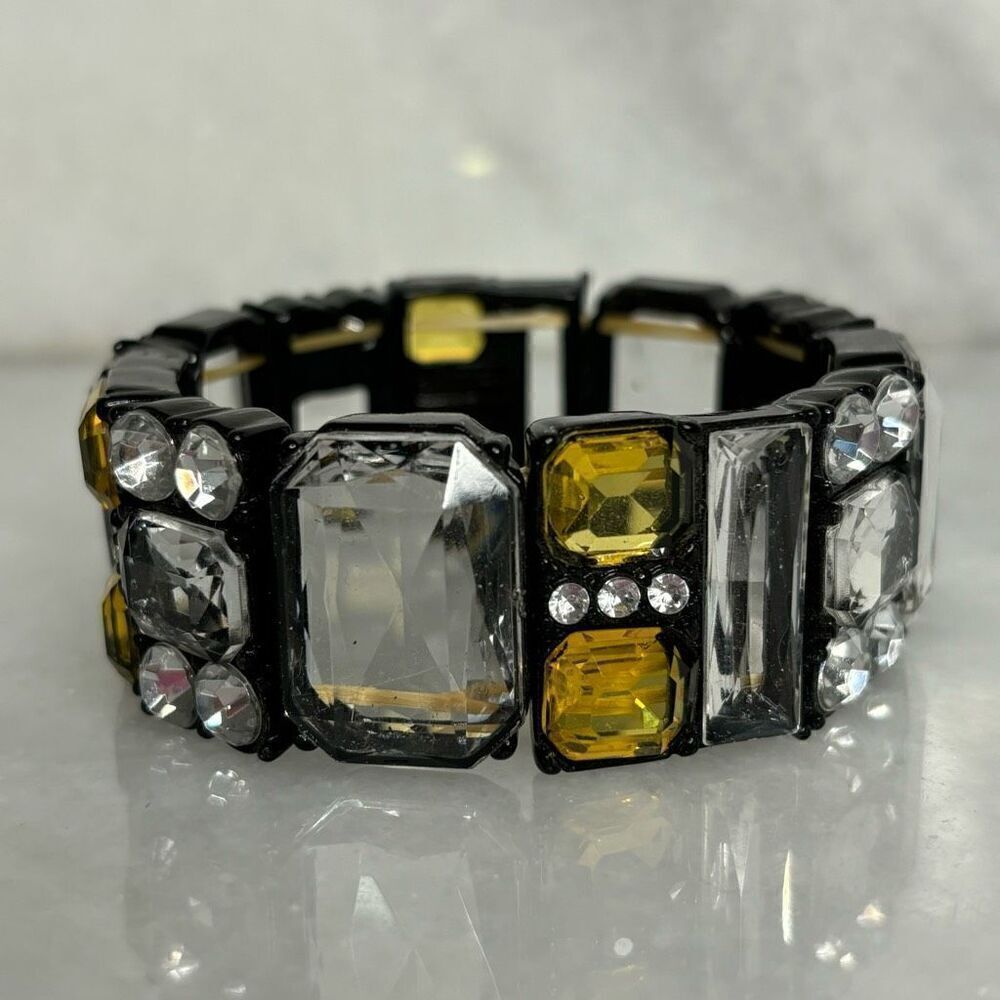 Zara Art Deco Artsy Vintage Geo Rhinestones Stretch Statement Bracelet Black Whi